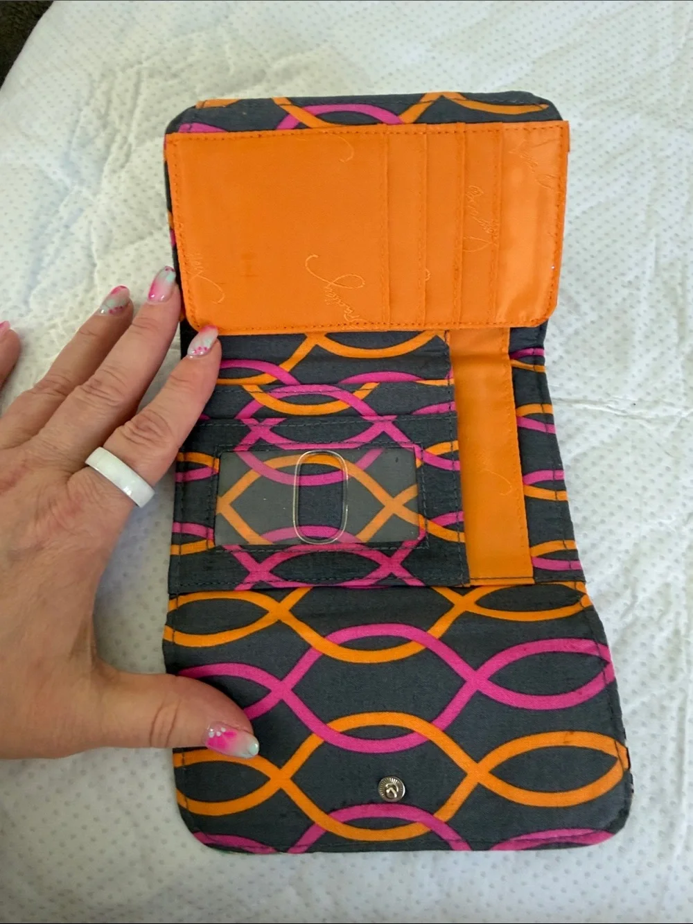 Vera Bradley Quilted Floral Trifold Wallet in Pink, Yellow, Orange & Green